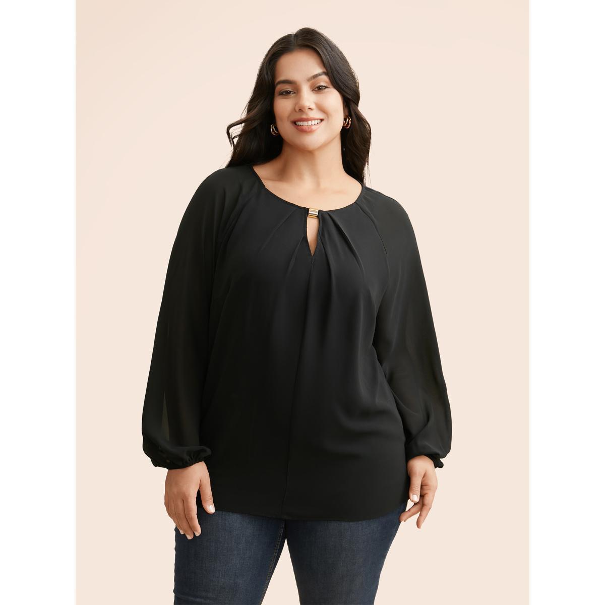 Plus Size Black Keyhole Metal Detail Gathered Blouse Women Elegant Long Sleeve Asymmetrical Neck Everyday Blouses BloomChic 30/6X Product Image