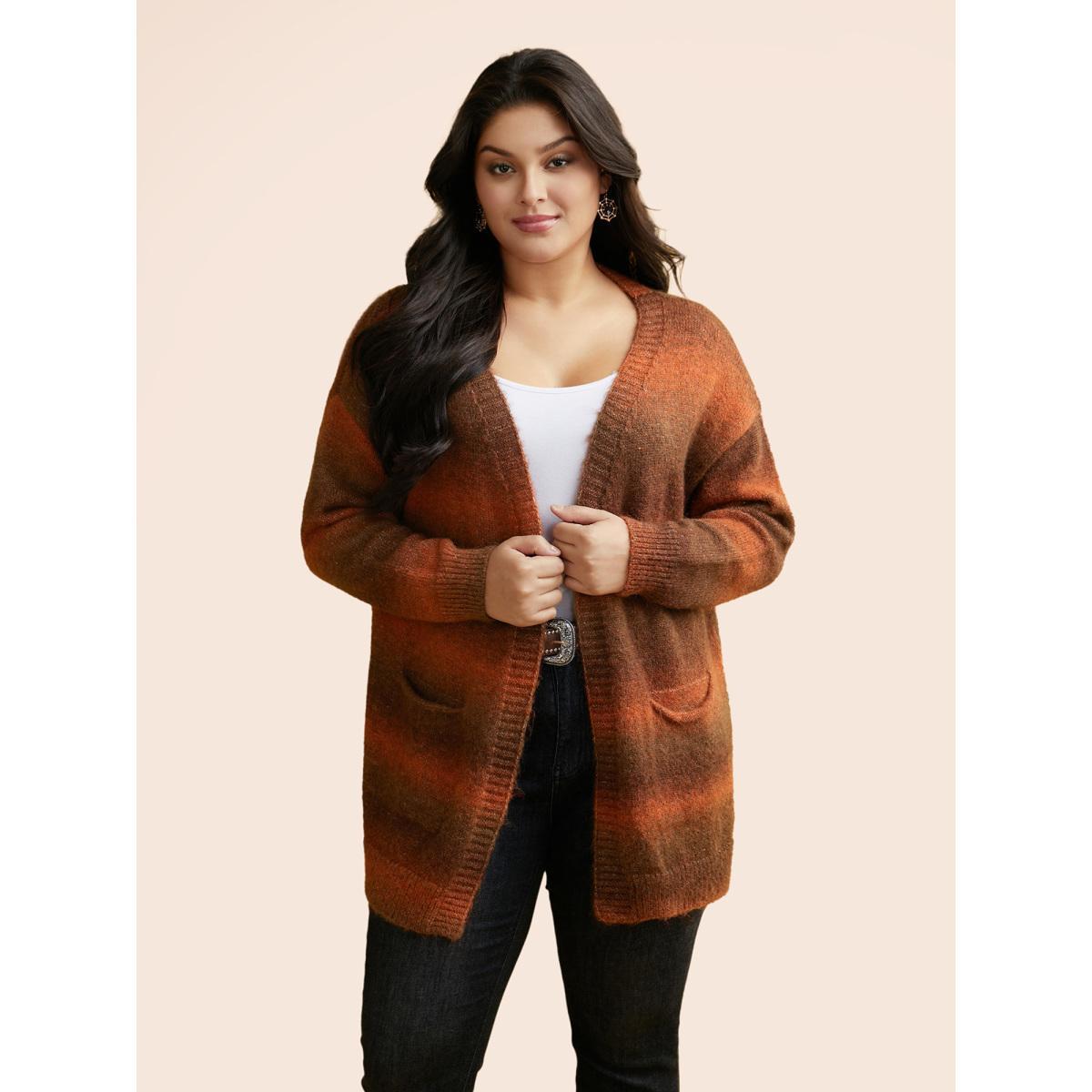 Plus Size Gradient Dye Design Pockets Cardigan Yellowishbrown Women Basics Loose Long Sleeve Everyday Cardigans BloomChic 22-24/3X Product Image