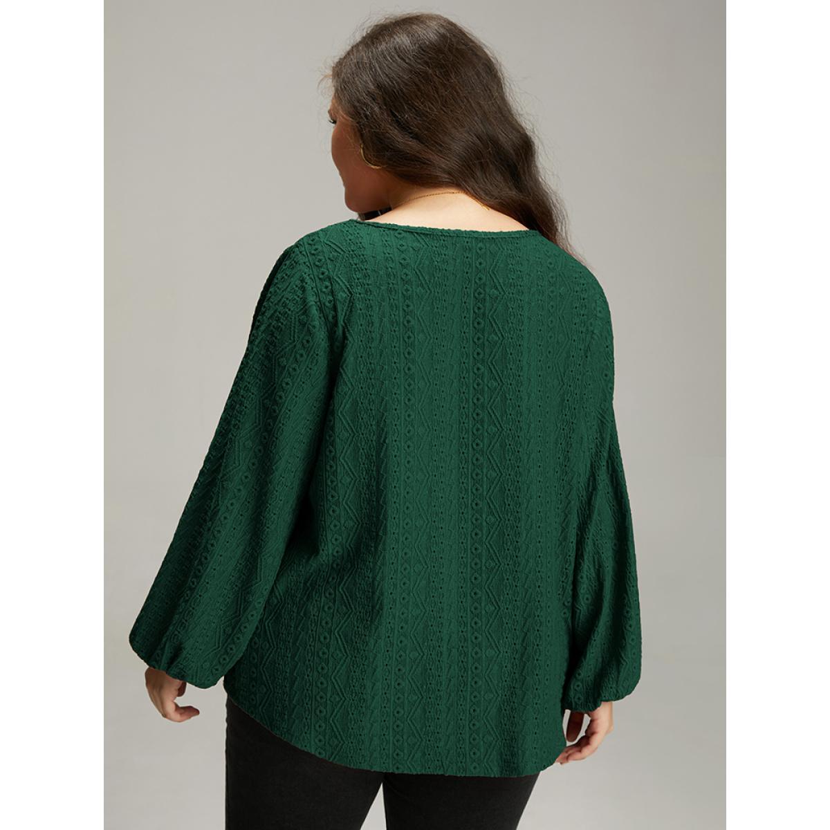 Plus Size Keyhole Plicated Detail Lantern Sleeve T-shirt DarkGreen Women Elegant Elastic cuffs Plain V-neck Dailywear T-shirts BloomChic 26/4X Product Image