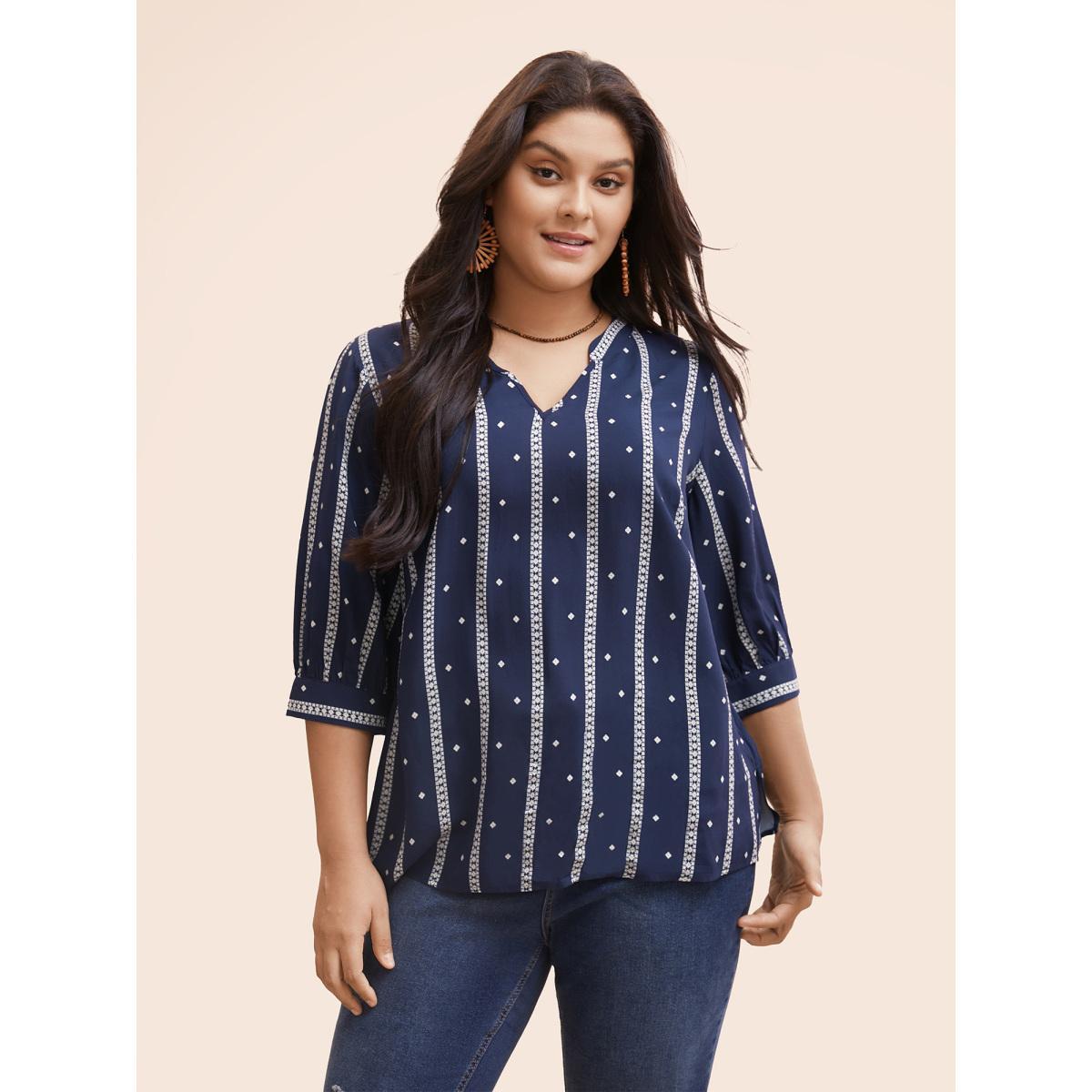 Plus Size Indigo Striped Geometric Notched Gathered Blouse Women Resort Elbow-length sleeve Notched collar Vacation Blouses BloomChic 30/6X Product Image