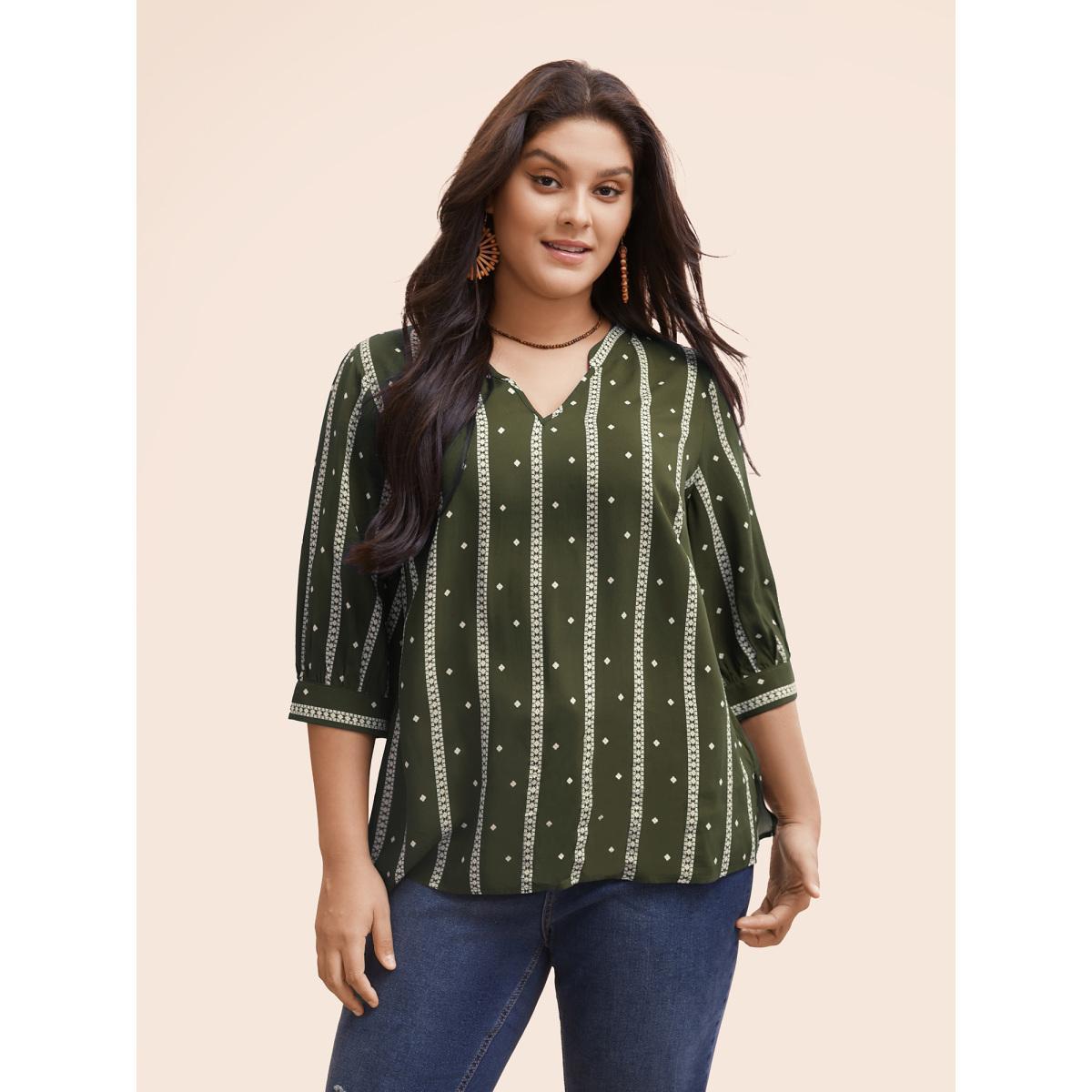 Plus Size ArmyGreen Striped Geometric Notched Gathered Blouse Women Resort Elbow-length sleeve Notched collar Vacation Blouses BloomChic 18-20/2X Product Image