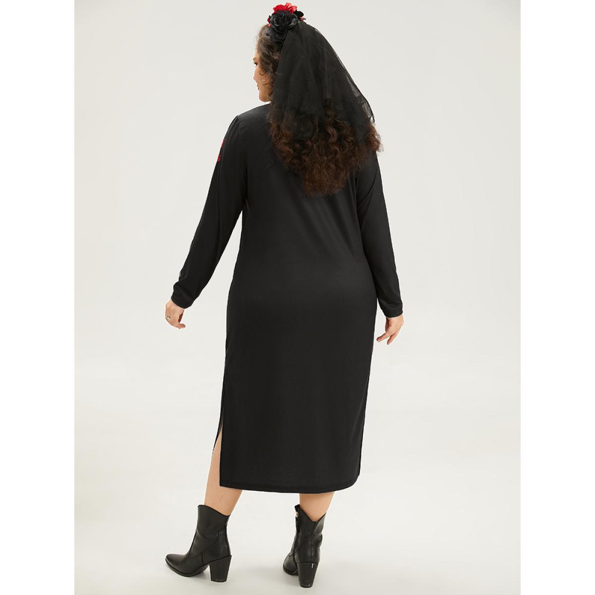 Plus Size Halloween Mock Neck Skull Print Split Hem Dress Black Women Casual Printed Mock Neck Long Sleeve Curvy Midi Dress BloomChic 30/6X Product Image