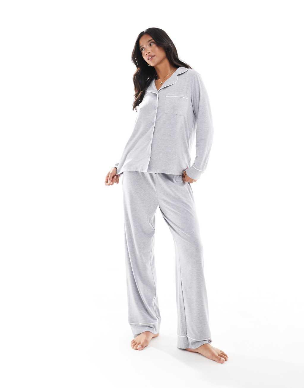 ASOS DESIGN Petite super soft long sleeve shirt & pants pajama set with contrast piping in gray Product Image