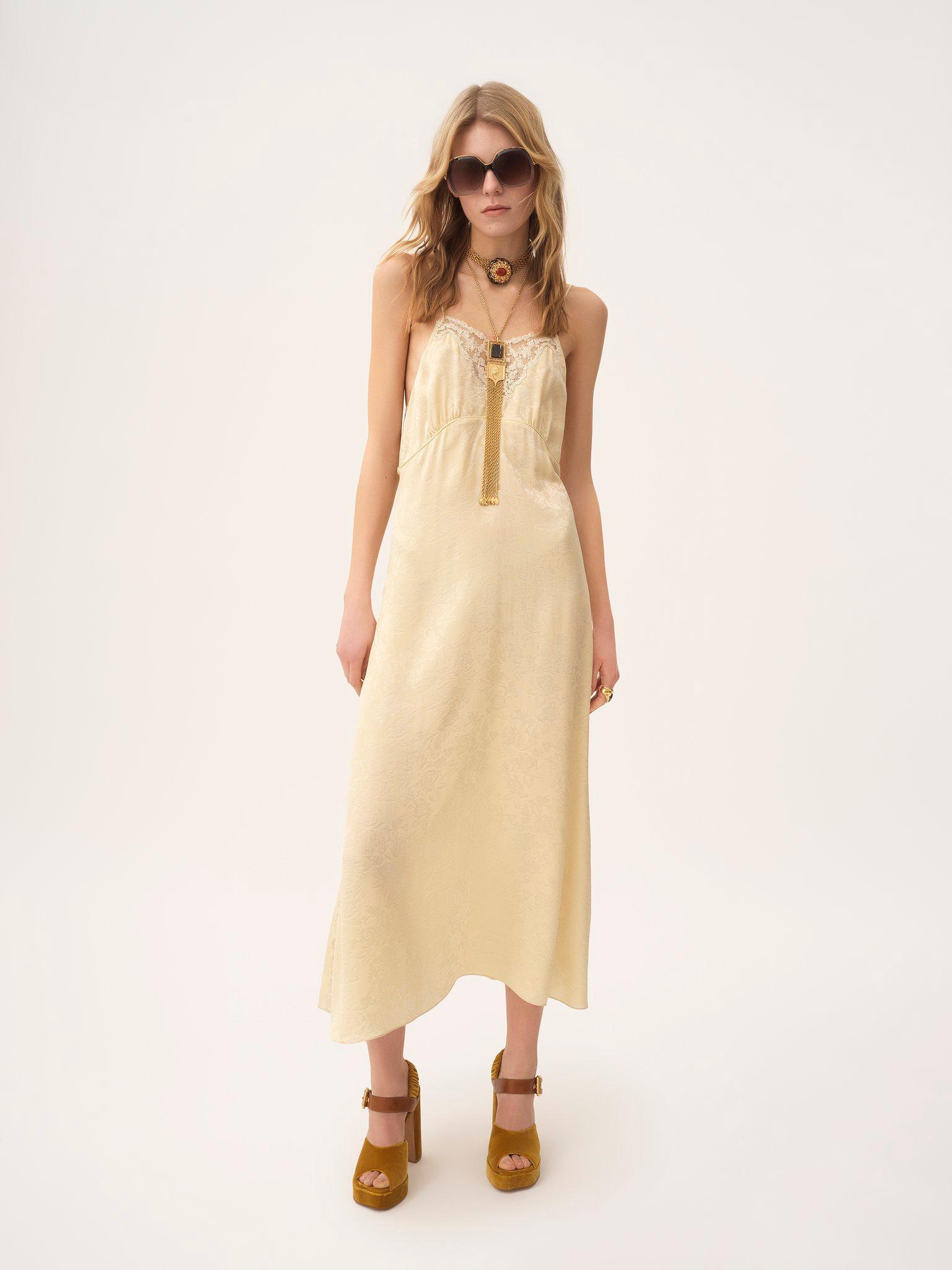 Thin-strap midi dress in silk jacquard & lace Product Image