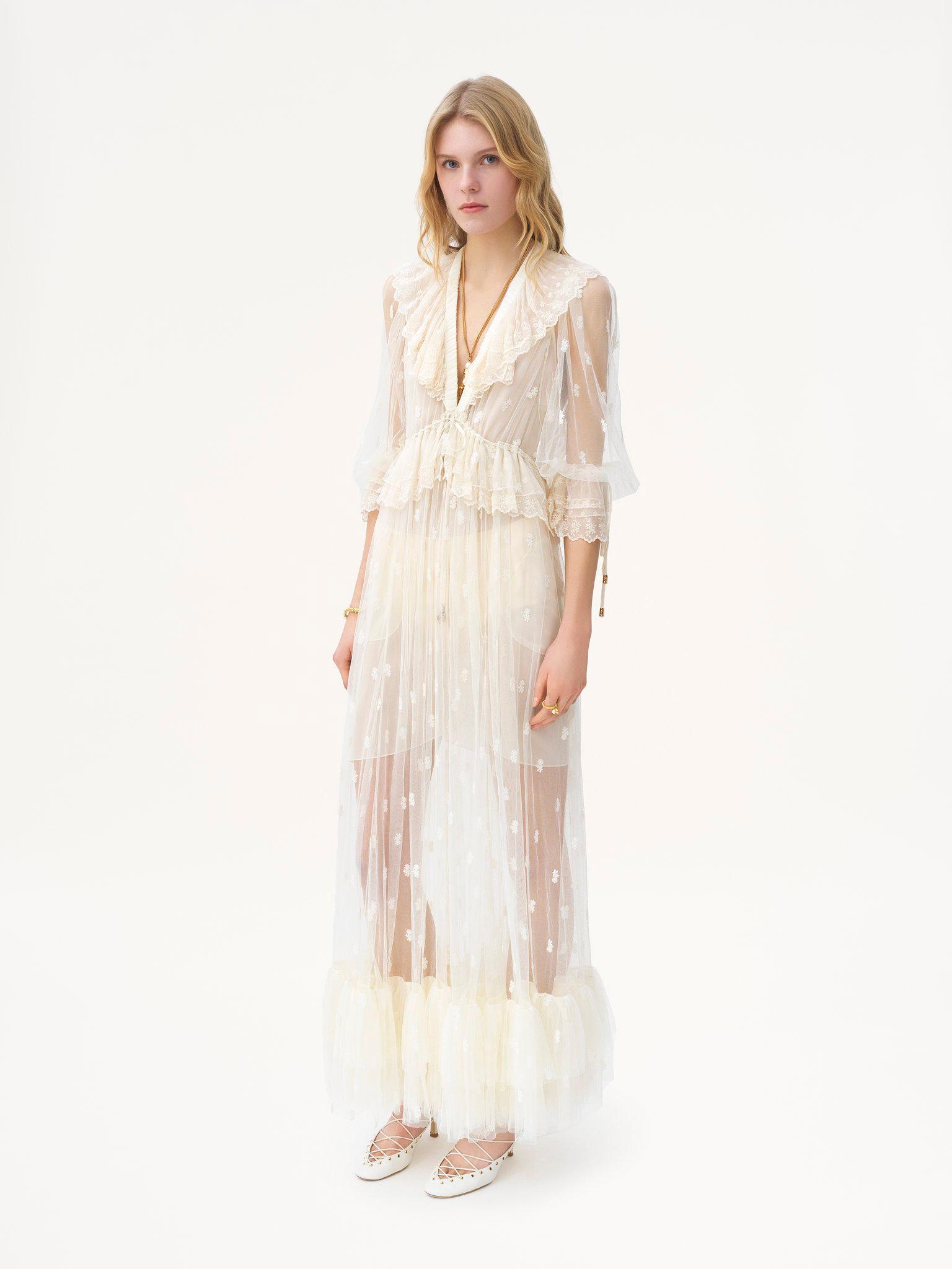 Gathered V-neck long dress in embroidered lace Product Image