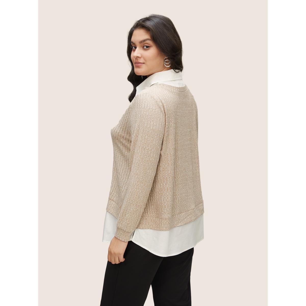 Plus Size 2-In-1 Patchwork Shirt Collar Sweatshirt Women Tan At the Office Contrast Shirt collar Work Sweatshirts BloomChic 12/L Product Image