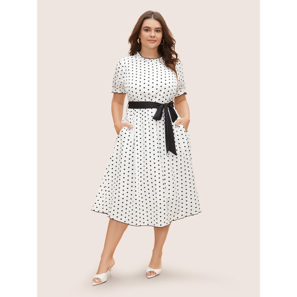 Plus Size Bow Polka Dot Midi Dress Originalwhite Women Elegant Belted Mock Neck Short sleeve Curvy BloomChic 30/6X Product Image