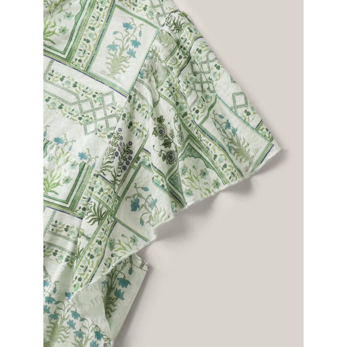 Plus Size Moss Serene Leaf Collage Flutter Sleeve Blouse Women Short sleeve Notched collar Vacation Blouses BloomChic 10/M Product Image