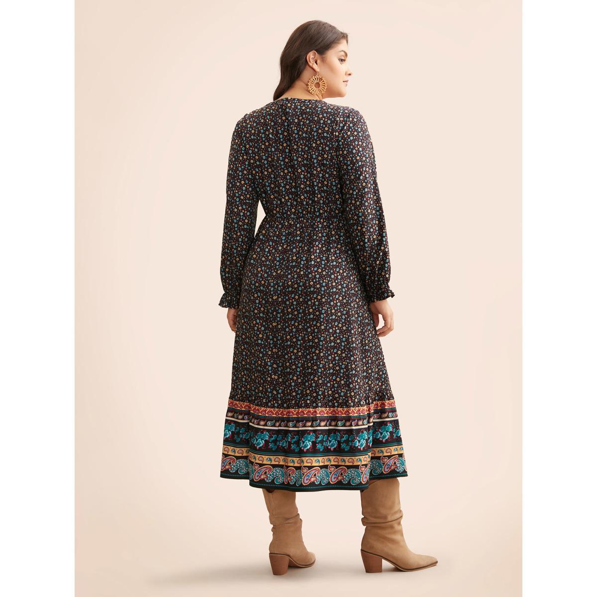 Plus Size Boho Print V Neck Elastic Waist Dress Black Women Resort Frill Trim V-neck Long Sleeve Curvy BloomChic 26/4X Product Image
