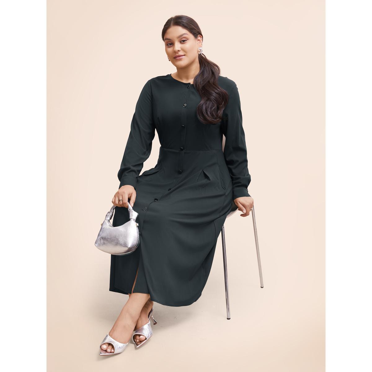 Plus Size Stretch Woven Button Pleated Midi Dress Black Women At the Office Pleated Round Neck Long Sleeve Curvy BloomChic 30/6X Product Image