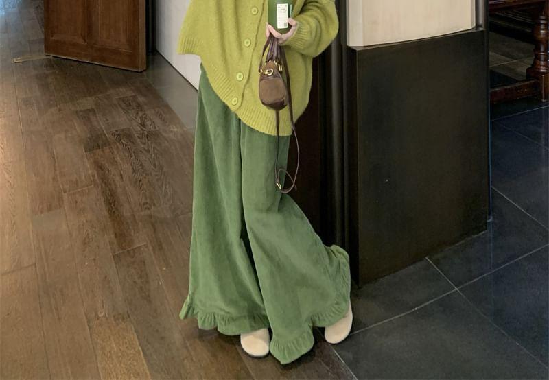 Crew Neck Plain Tie Front Button-Up Cardigan / Ruffle Hem Wide Leg Pants Product Image