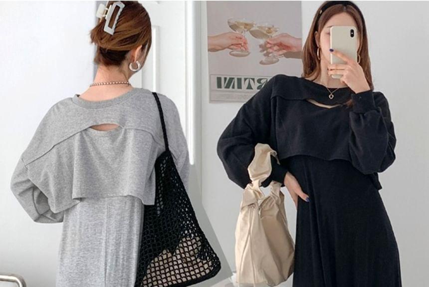 Set: Long-Sleeve Plain Cutout Top + Slipdress Product Image