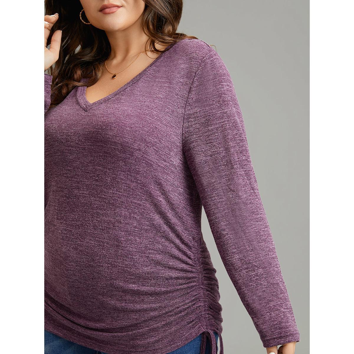 Plus Size Solid Drawstring Heather V Neck T-shirt Purple Women Casual Plain Plain V-neck Dailywear T-shirts BloomChic 26/4X Product Image