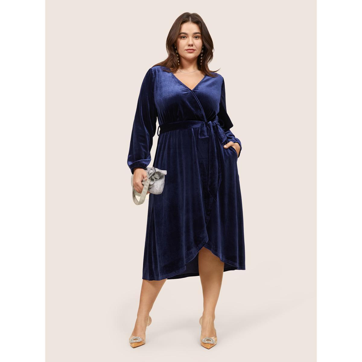 Plus Size Solid Velvet Belted Wrap Arc Hem Dress DarkBlue Women Elegant Elastic cuffs Overlap Collar Long Sleeve Curvy Midi Dress BloomChic 22-24/3X Product Image