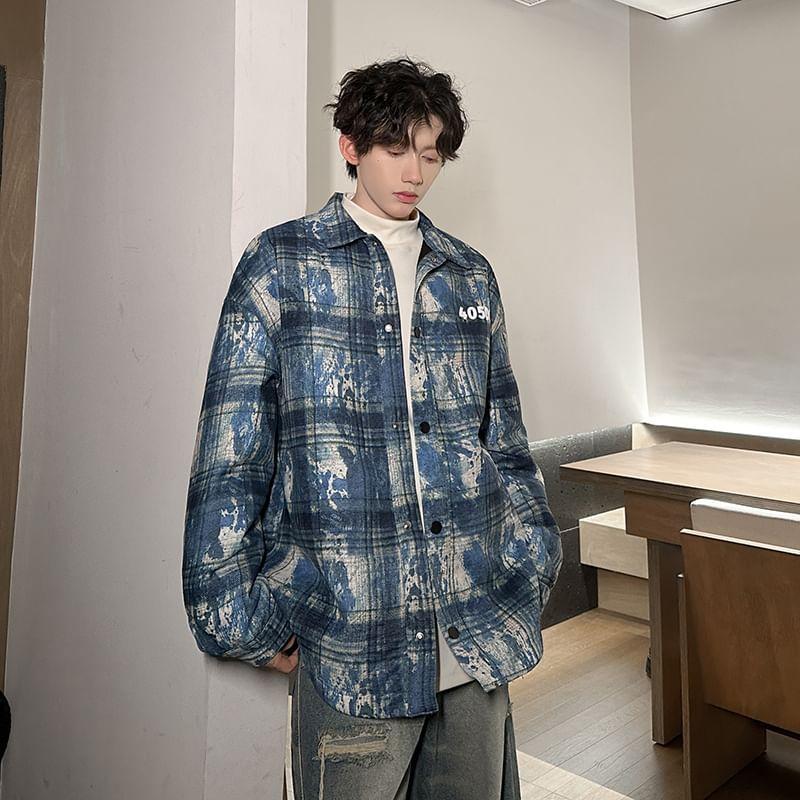 Collared Plaid Numbering Print Button Shacket Product Image