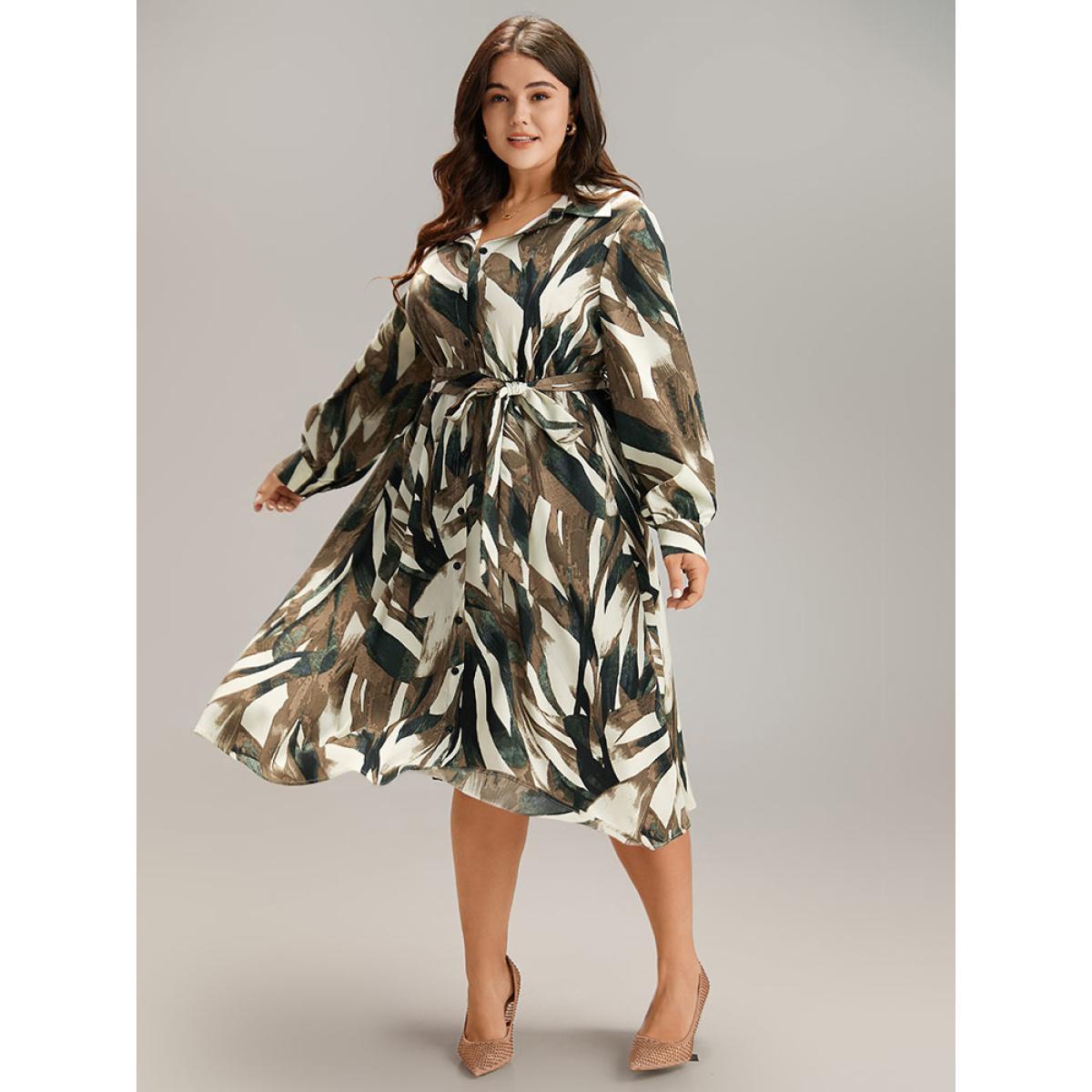 Plus Size Colorblock Contrast Belted Button Through Dress Multicolor Women At the Office Belted Shirt collar Long Sleeve Curvy Midi Dress BloomChic 30/6X Product Image