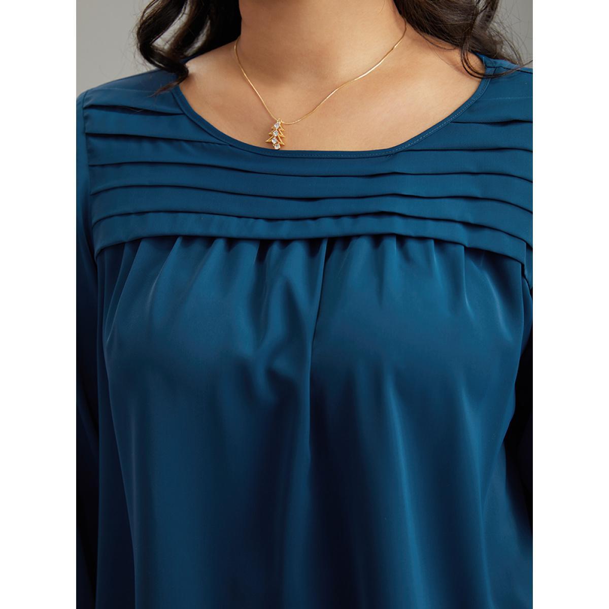 Plus Size Aegean Static-Free Plain Pleated Ruffles Lantern Sleeve Blouse Women Office Long Sleeve Round Neck Work Blouses BloomChic 26/4X Product Image