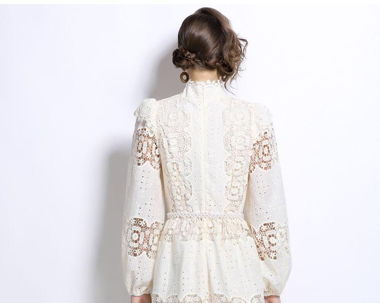 Set: Long Sleeve Stand Collar Plain Button Panel Lace Midi A-Line Dress + Belt Product Image