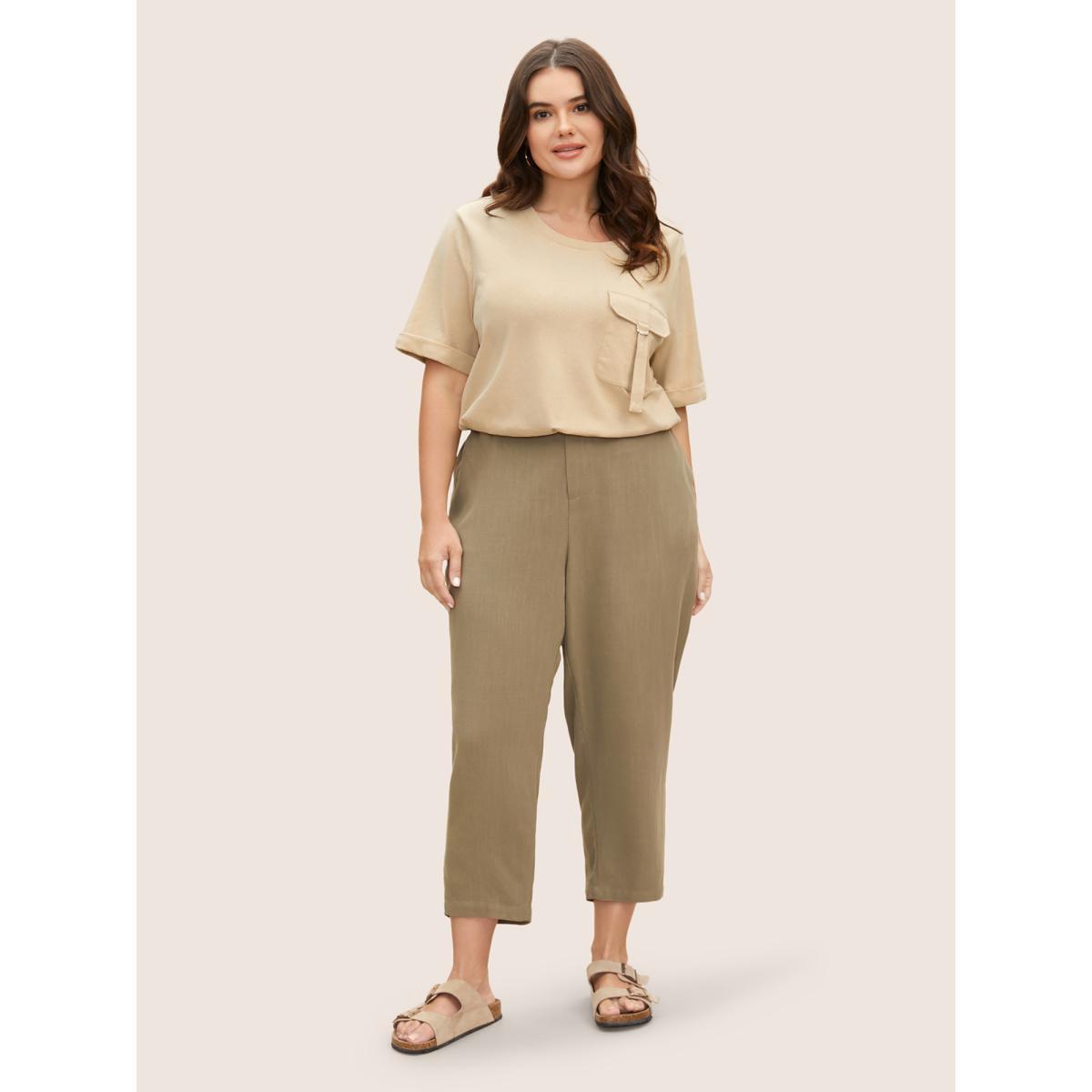 Plus Size Cotton Solid Patched Pocket Cuffed Sleeve T-shirt Champagne Women Casual Roll Hem Round Neck Everyday T-shirts BloomChic 12/L Product Image