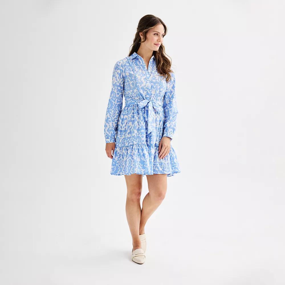 Women's Ellen Tracy Shirt Dress with Self Tie and Ruffle Hem, Size: XS, Geranium Damask Product Image