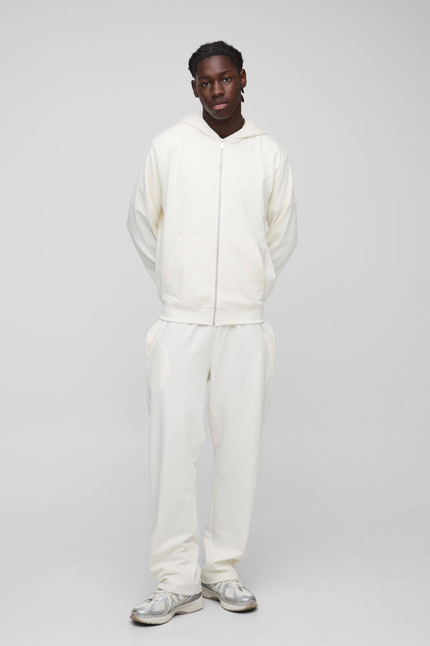 Mens 260GSM Loopback Basic Regular Fit Zip Through Hoodie and Straight Leg Sweatpants Set - Beige Product Image