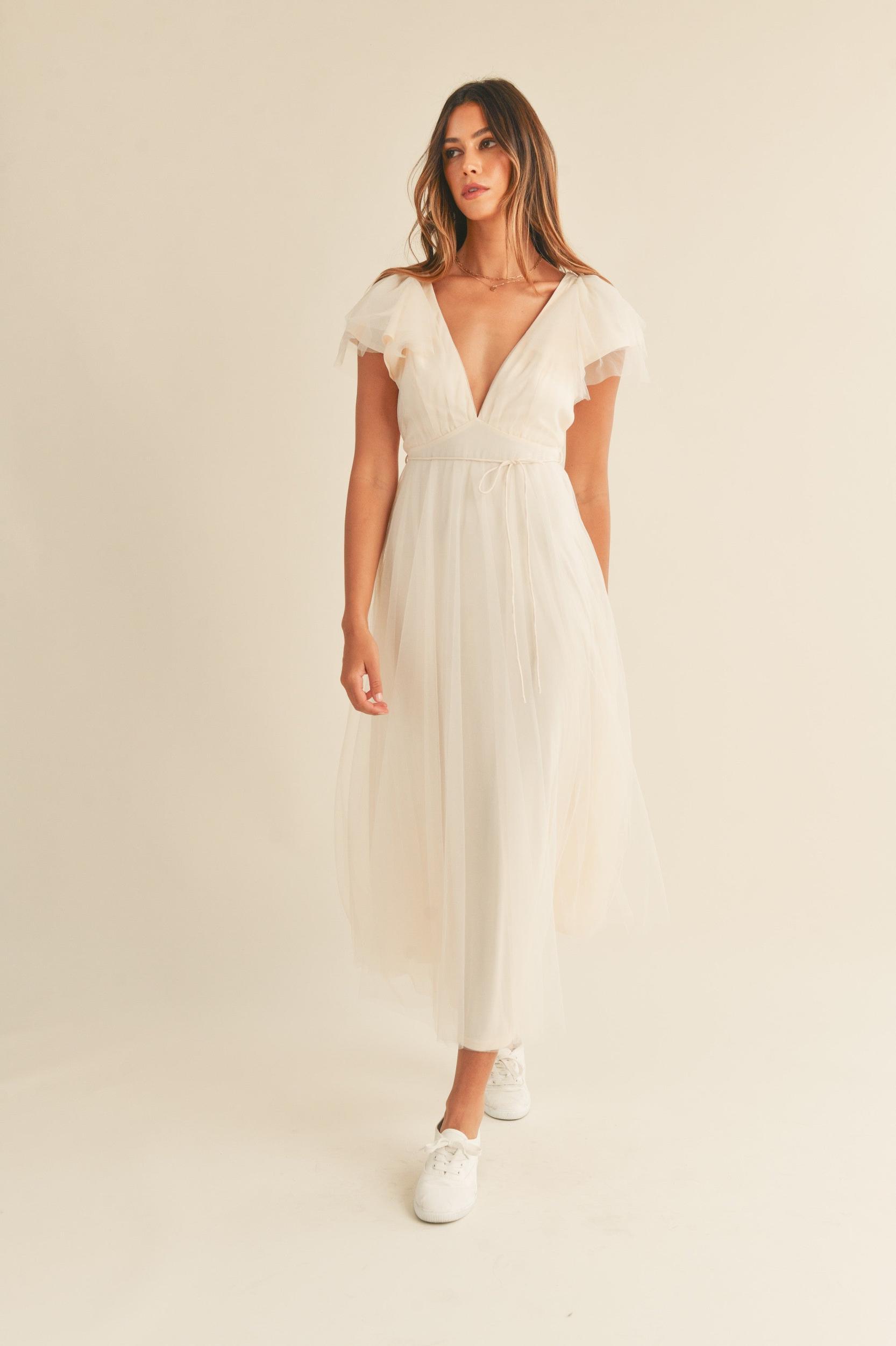Tulle V neck Ruffle Sleeve Midi Dress Product Image