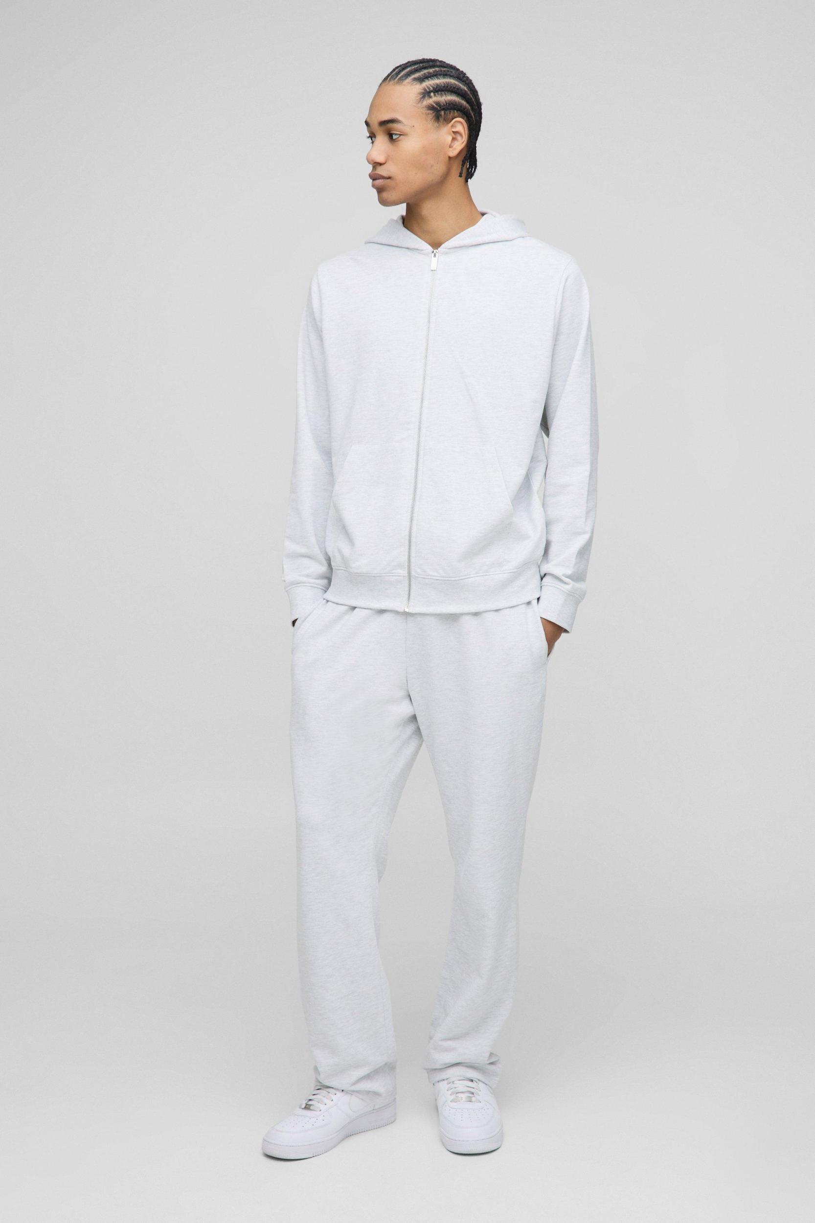 Mens 260GSM Loopback Basic Regular Fit Zip Through Hoodie and Straight Leg Sweatpants Set - Grey Product Image