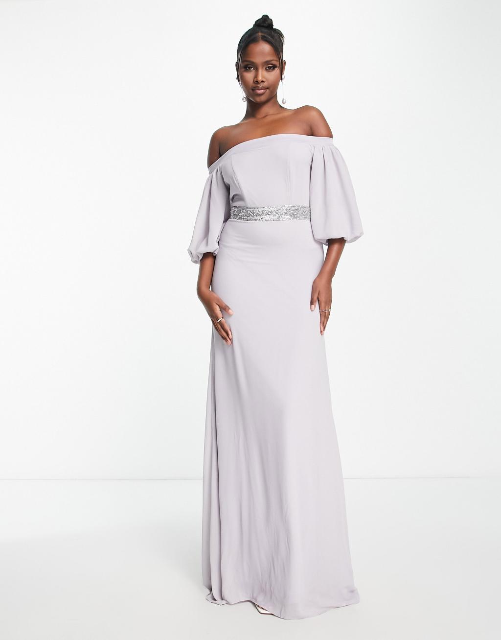 TFNC Bridesmaid bardot chiffon maxi dress with embellished waist Product Image