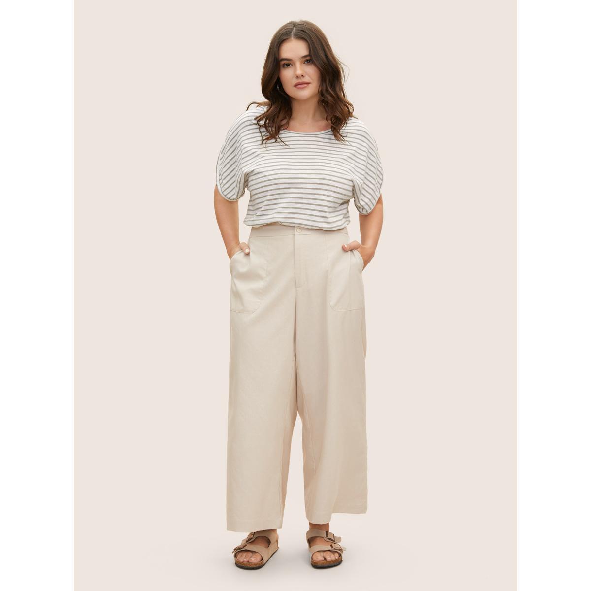 Plus Size Cotton Striped Print Round Neck Petal Sleeve T-shirt Tan Women Casual Contrast Round Neck Everyday T-shirts BloomChic 22-24/3X Product Image