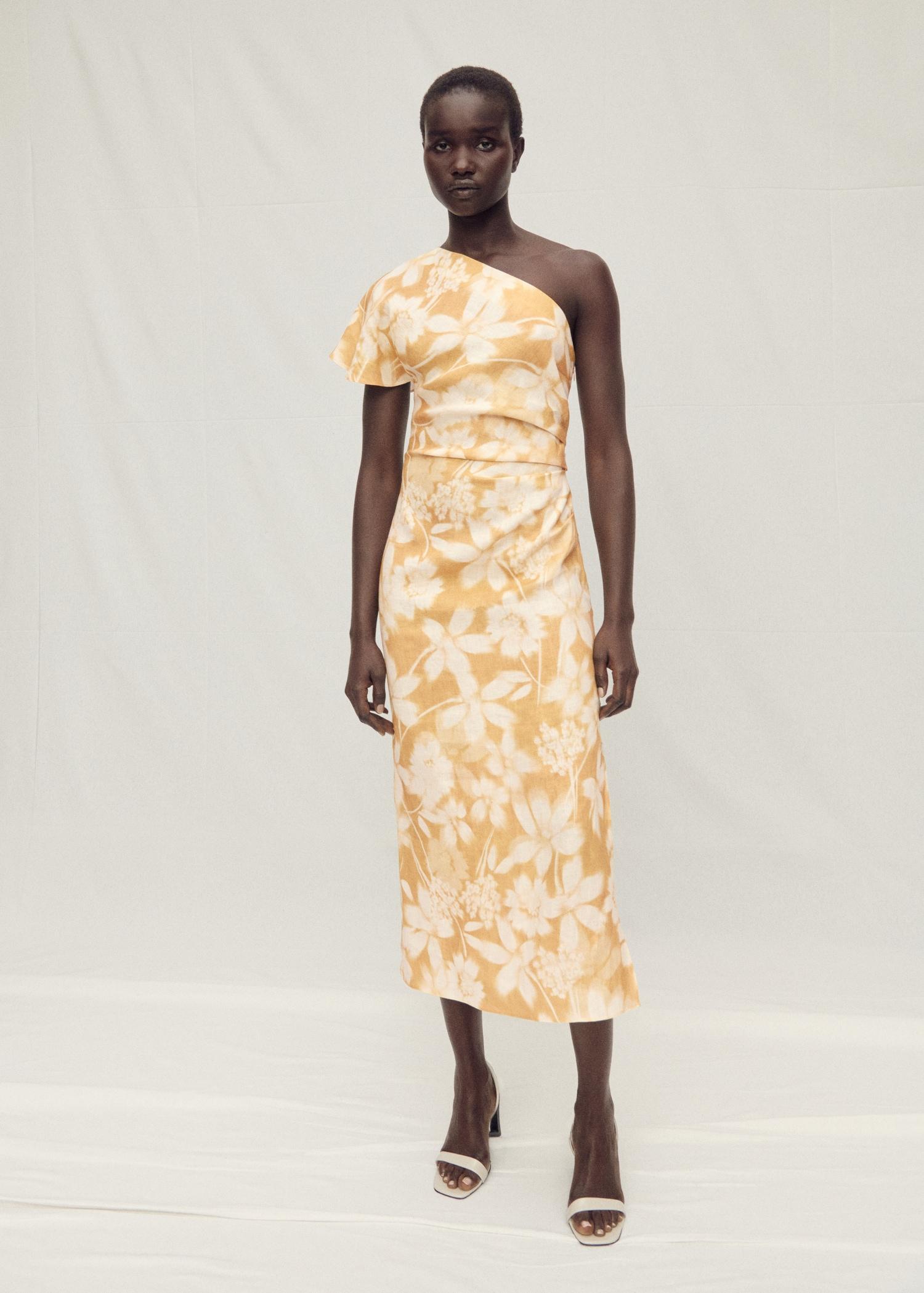Asymmetrical floral linen dress - Women | MANGO USA Product Image