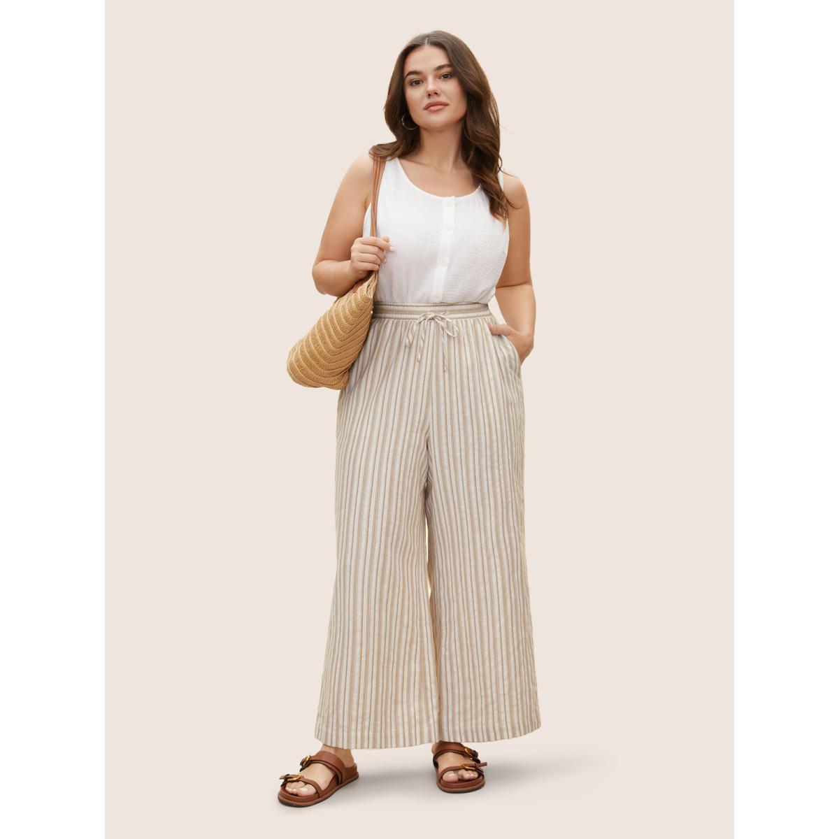 Plus Size Striped Drawstring Mid Rise Wide Leg Pants Women Tan Resort Wide Leg Mid Rise Vacation Pants BloomChic 22-24/3X Product Image