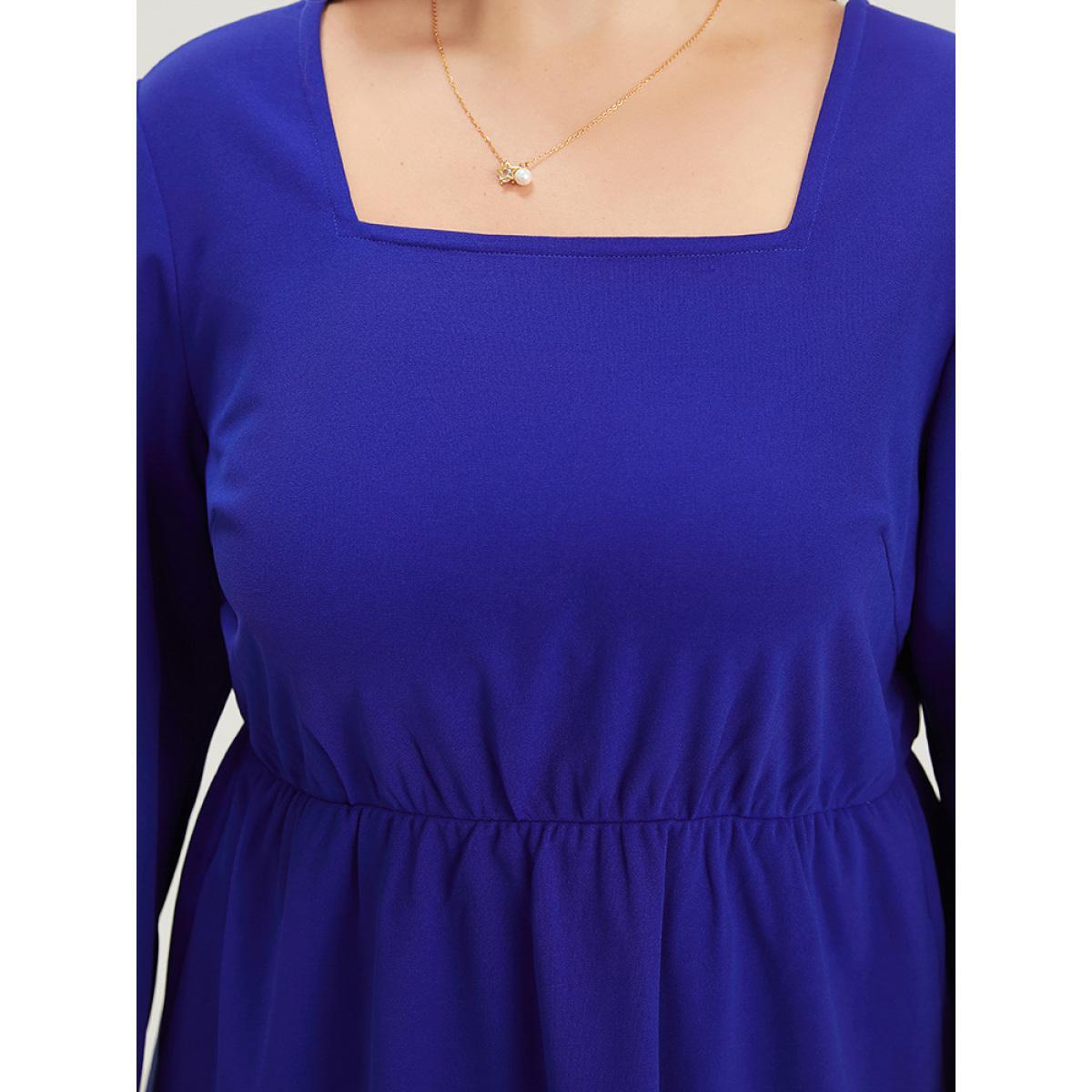 Plus Size Plain Laser Cut Gathered Square Neck Dress DarkBlue Women Elegant Plain Square Neck Long Sleeve Curvy Midi Dress BloomChic 14-16/1X Product Image