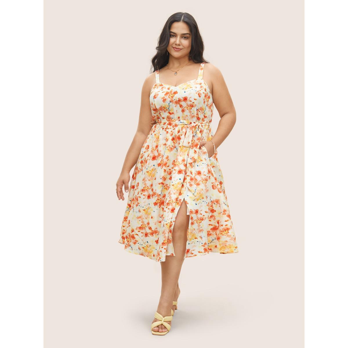Plus Size Ditsy Floral Elastic Waist Belted Adjustable Straps Dress Coral Women Elegant Non Non Sleeveless Curvy Midi Dress BloomChic 14-16/1X Product Image