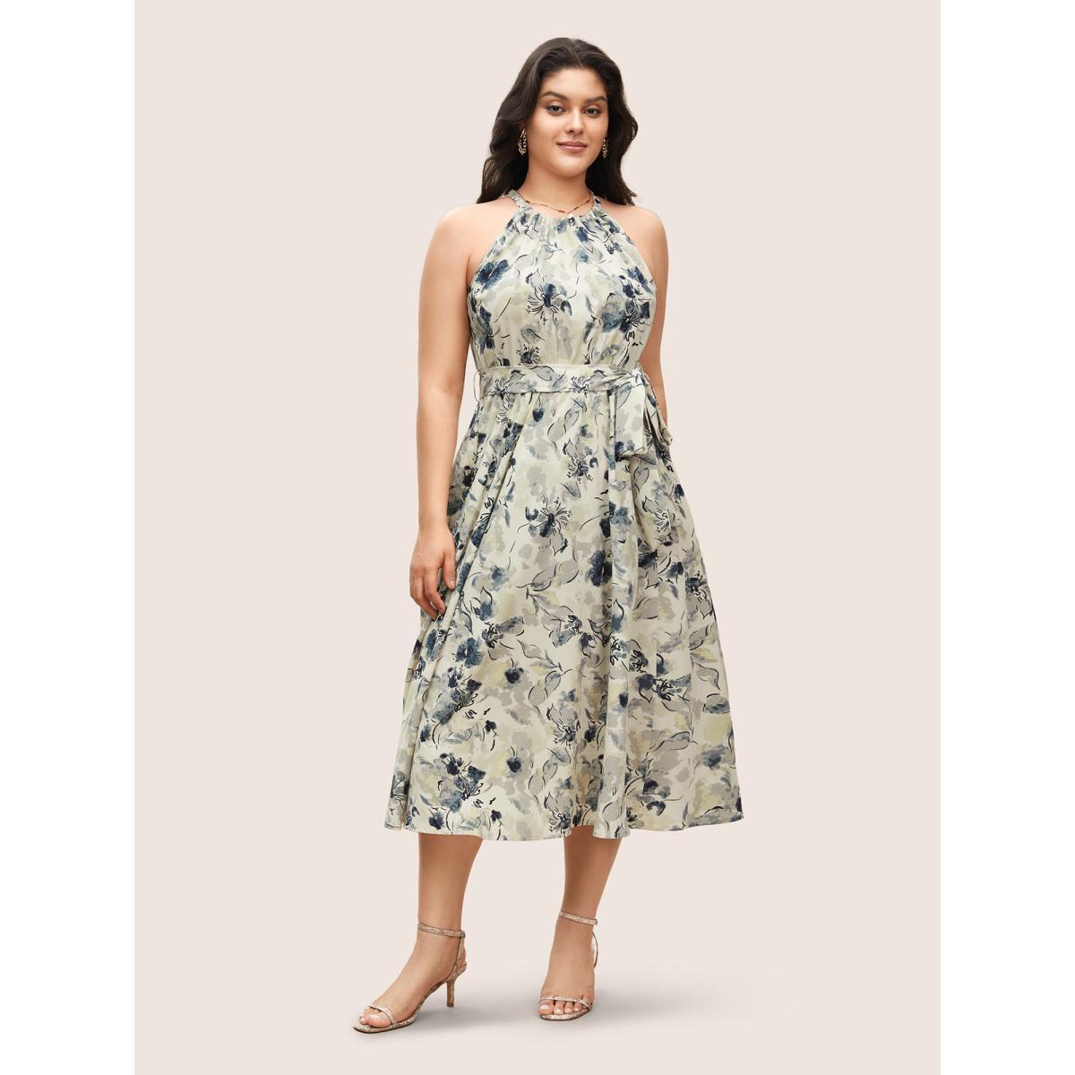 Plus Size Watercolor Floral Halter Neck Belted Gathered Dress SlateGray Women Elegant Gathered Round Neck Sleeveless Curvy BloomChic 30/6X Product Image