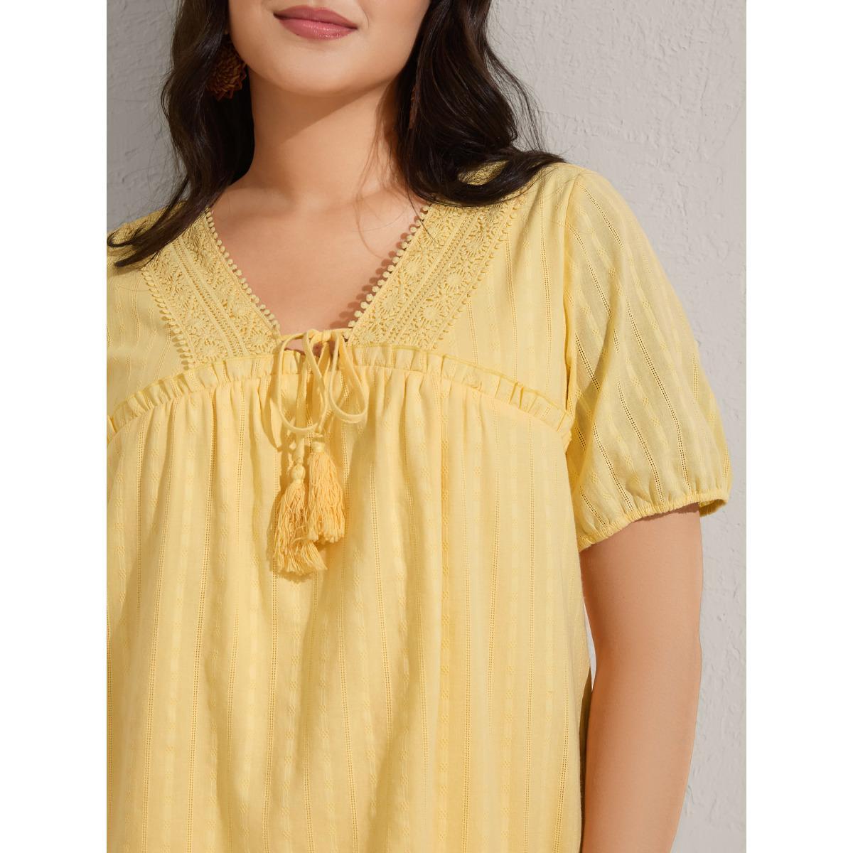 Plus Size Lightyellow Cotton Textured Lace Trim Neck-Tie Blouse Women Short sleeve V-neck Vacation Blouses BloomChic 22-24/3X Product Image