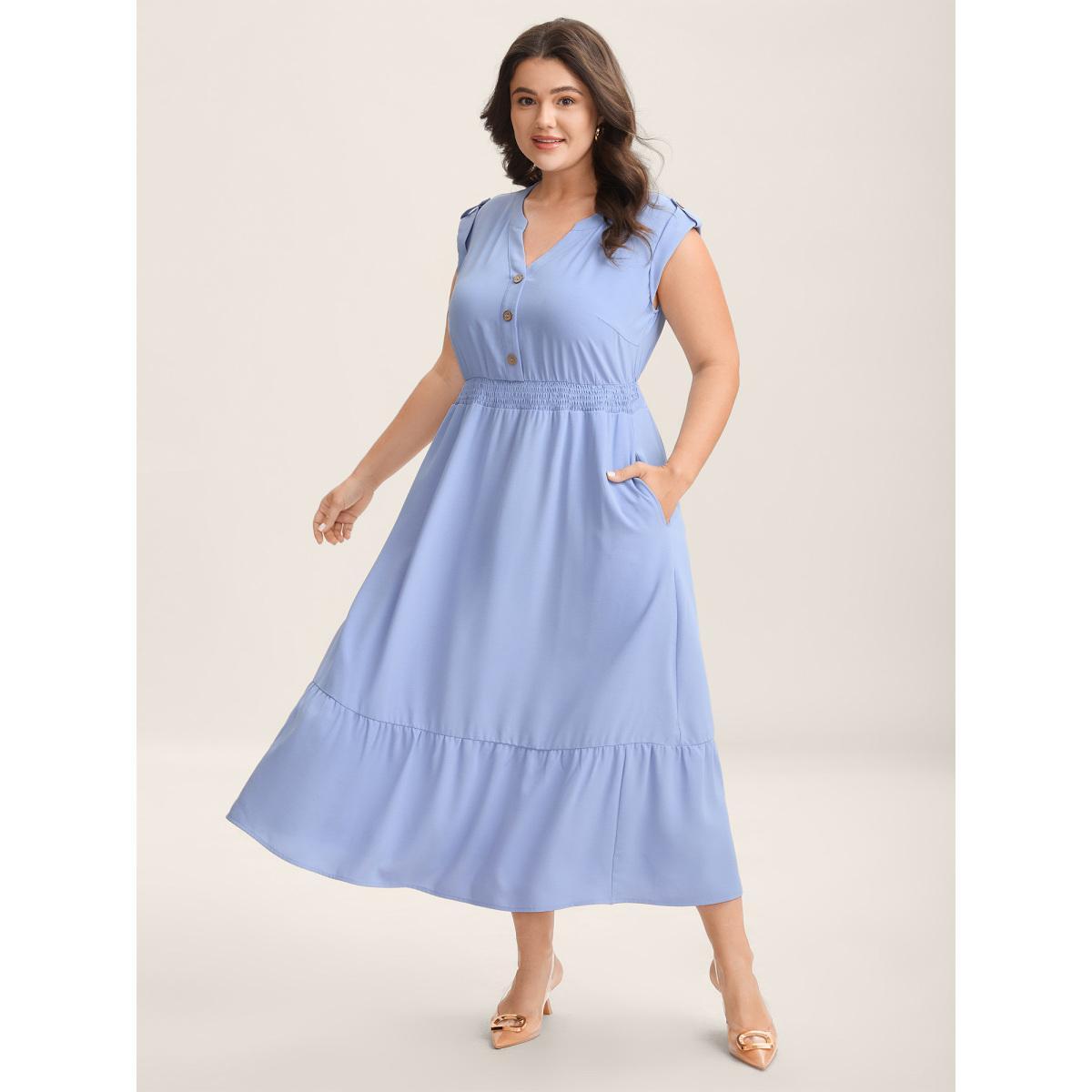 Plus Size Shirred Waist Button Detail Pockets Midi Dress LightBlue Women Notched collar Cap Sleeve Curvy BloomChic 10/M Product Image