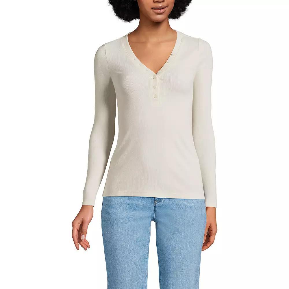 Petite Lands' End Long Sleeve Ribbed Henley, Women's, Size: Medium Petite, Fresh Ivory Product Image
