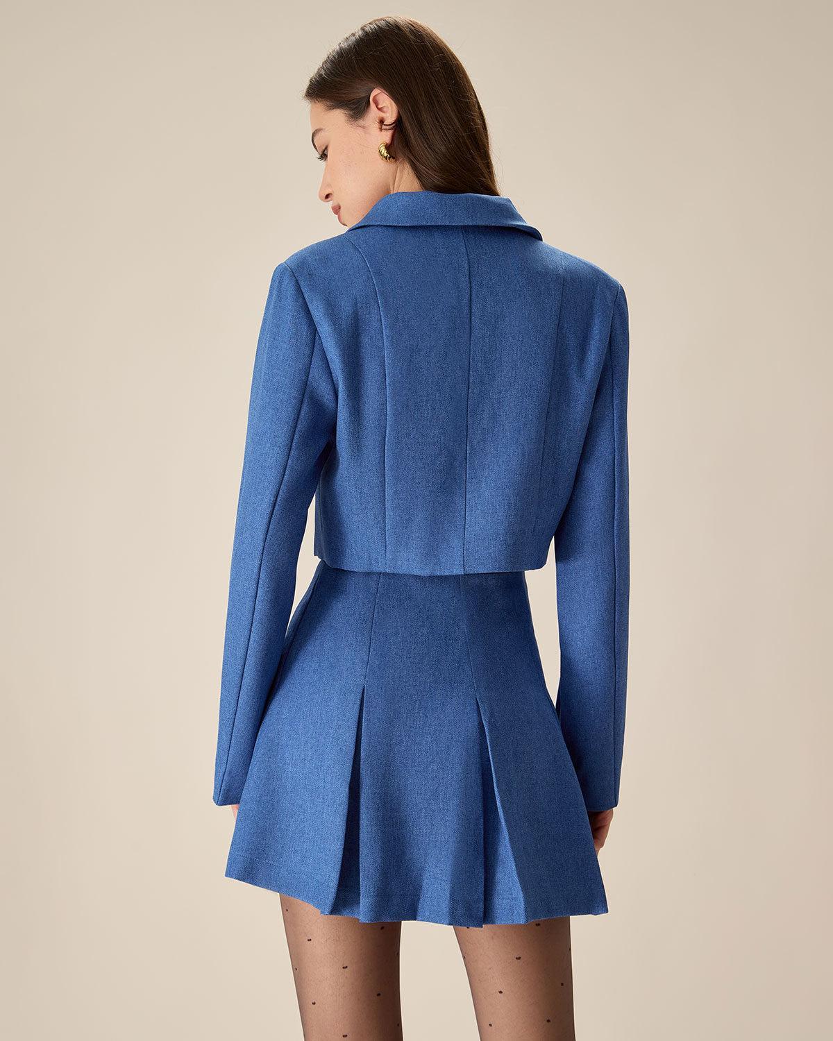 Blue Single-Breasted Pocket Crop Jacket Product Image