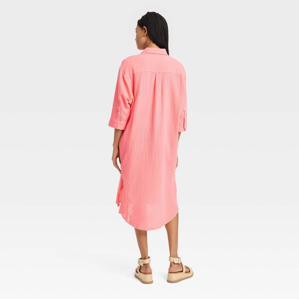 Women's 3/4 Sleeve Midi Shirtdress - Universal Thread™ Coral XL: Cotton, Lightweight, Front Button Down, Seam Pocket Product Image