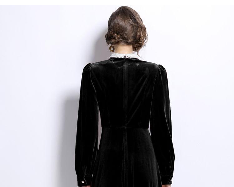 Long Sleeve Mock Neck Plain Beaded Keyhole Velvet Midi A-Line Dress Product Image