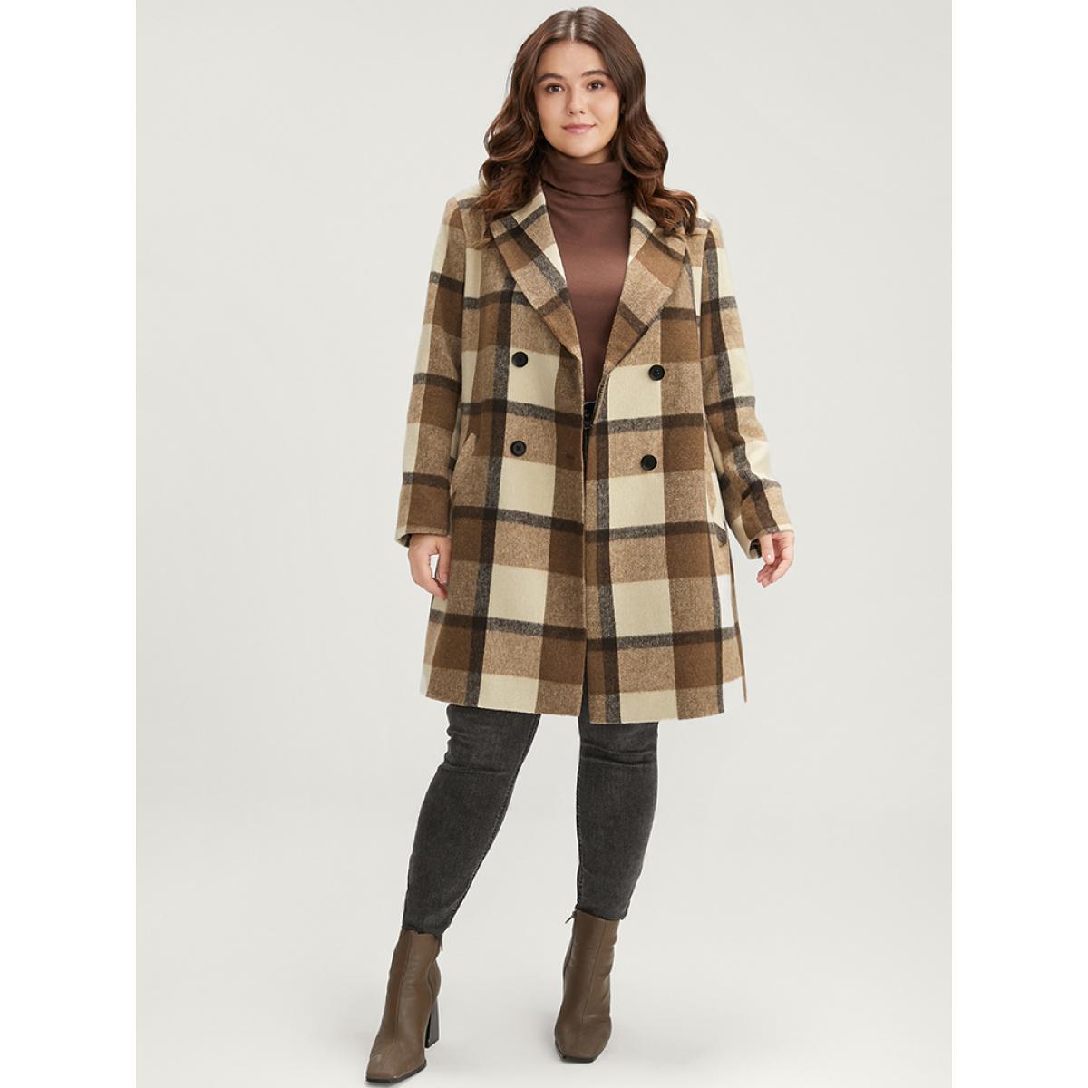Plus Size Plaid Suit Collar Double Breasted Pocket Blazer Women Chocolate Casual Button Ladies Dailywear Winter Coats BloomChic 12/L Product Image