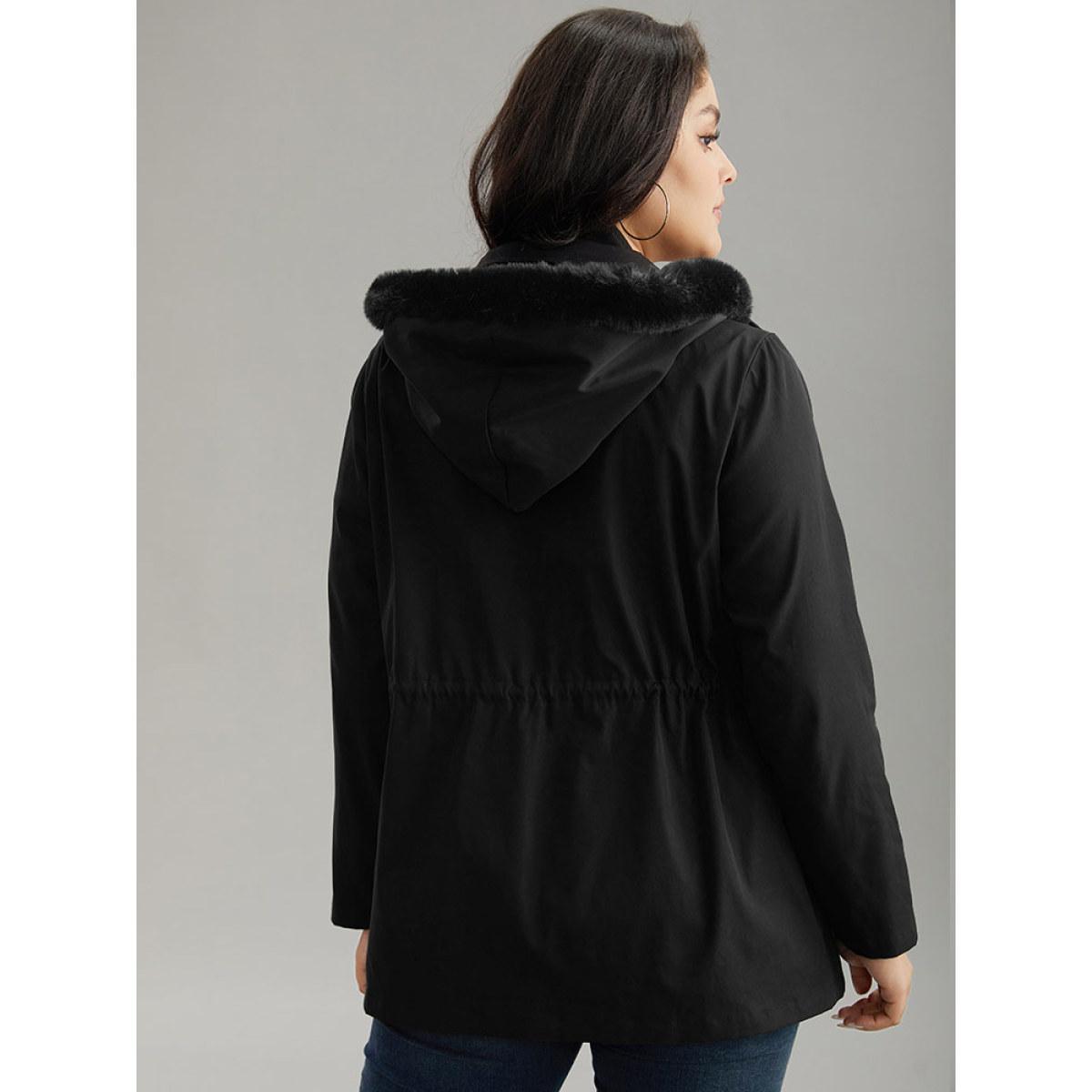 Plus Size Plain Zipper Hooded Pocket Drawstring Coat Women Black Casual Plain Ladies Dailywear Winter Coats BloomChic 26/4X Product Image
