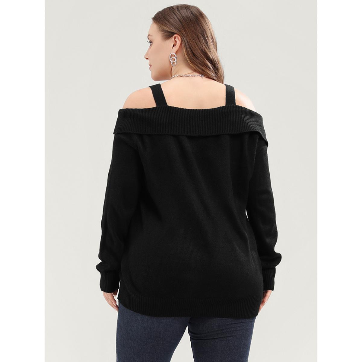 Plus Size Solid Pointelle Knit Cold Shoulder Knit Top Black Women Elegant Long Sleeve Cold Shoulder Dailywear Pullovers BloomChic 26/4X Product Image