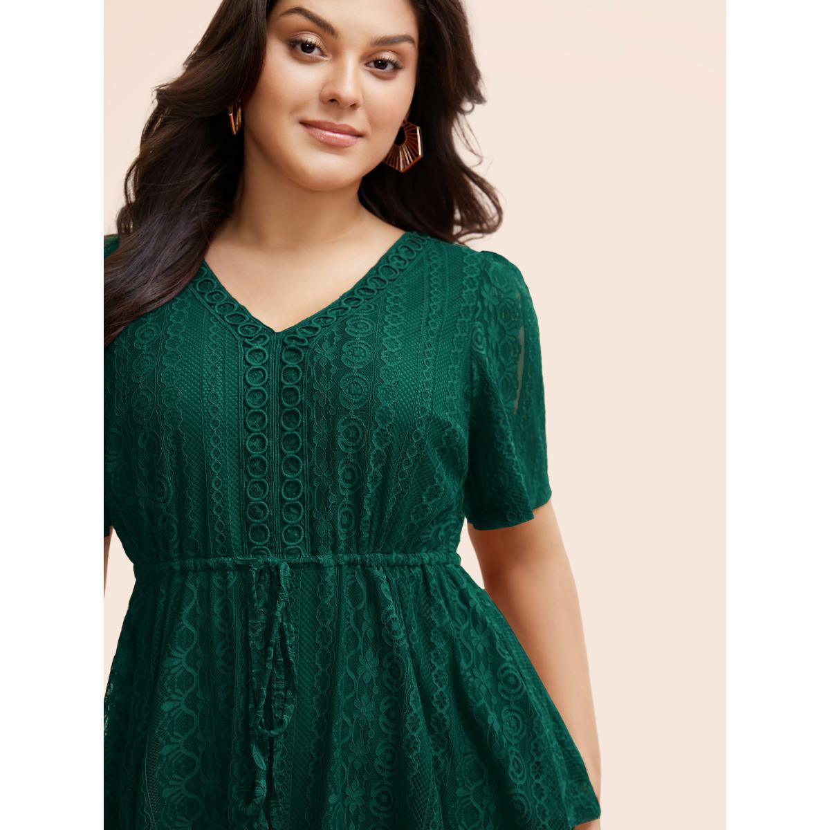 Plus Size DarkGreen V Neck Lace Panel Drawstring Blouse Women Elegant Short sleeve V-neck Everyday Blouses BloomChic 30/6X Product Image