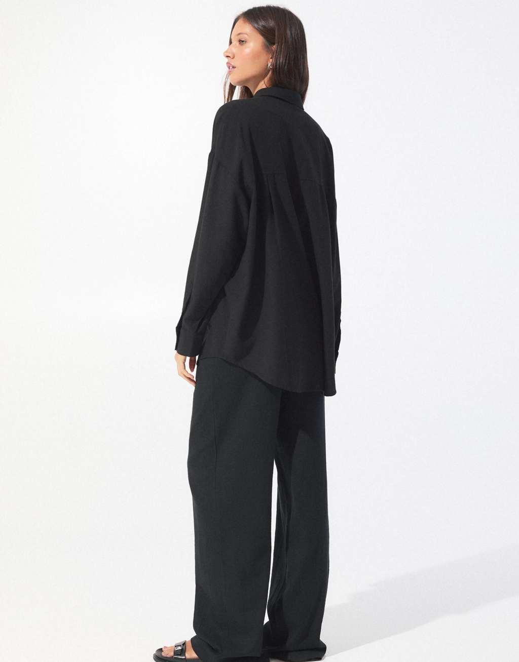 Pull&Bear oversized linen blend shirt in black Product Image