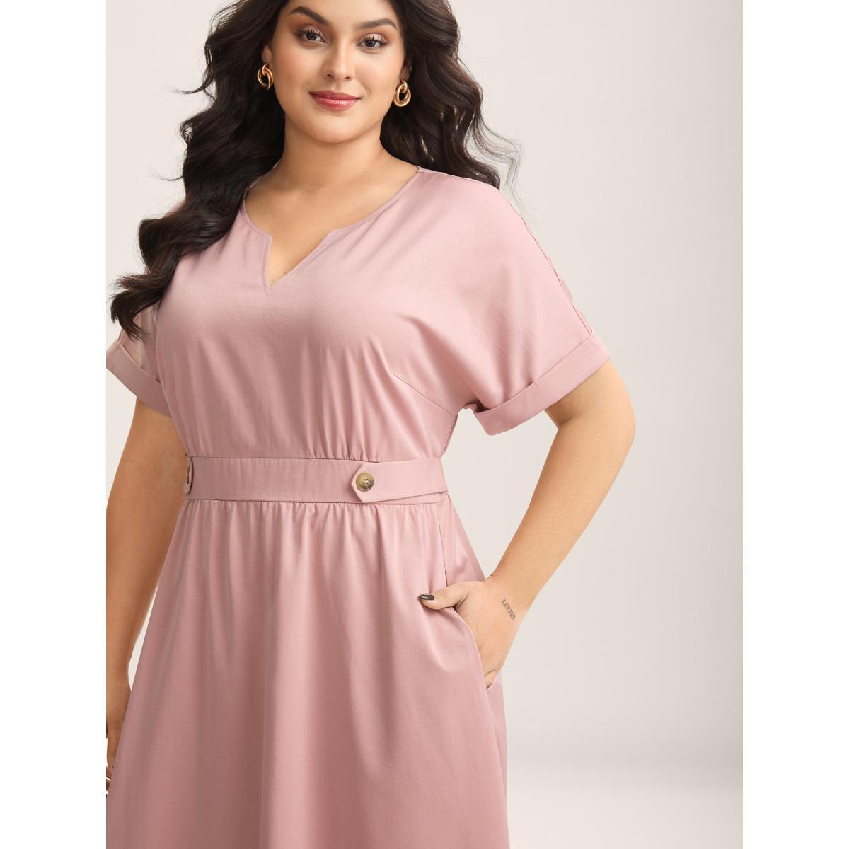 Plus Size Shirred Back Waist Pockets Midi Dress Watermelon Women Flat collar with V-notch Short sleeve Curvy BloomChic 26/4X Product Image