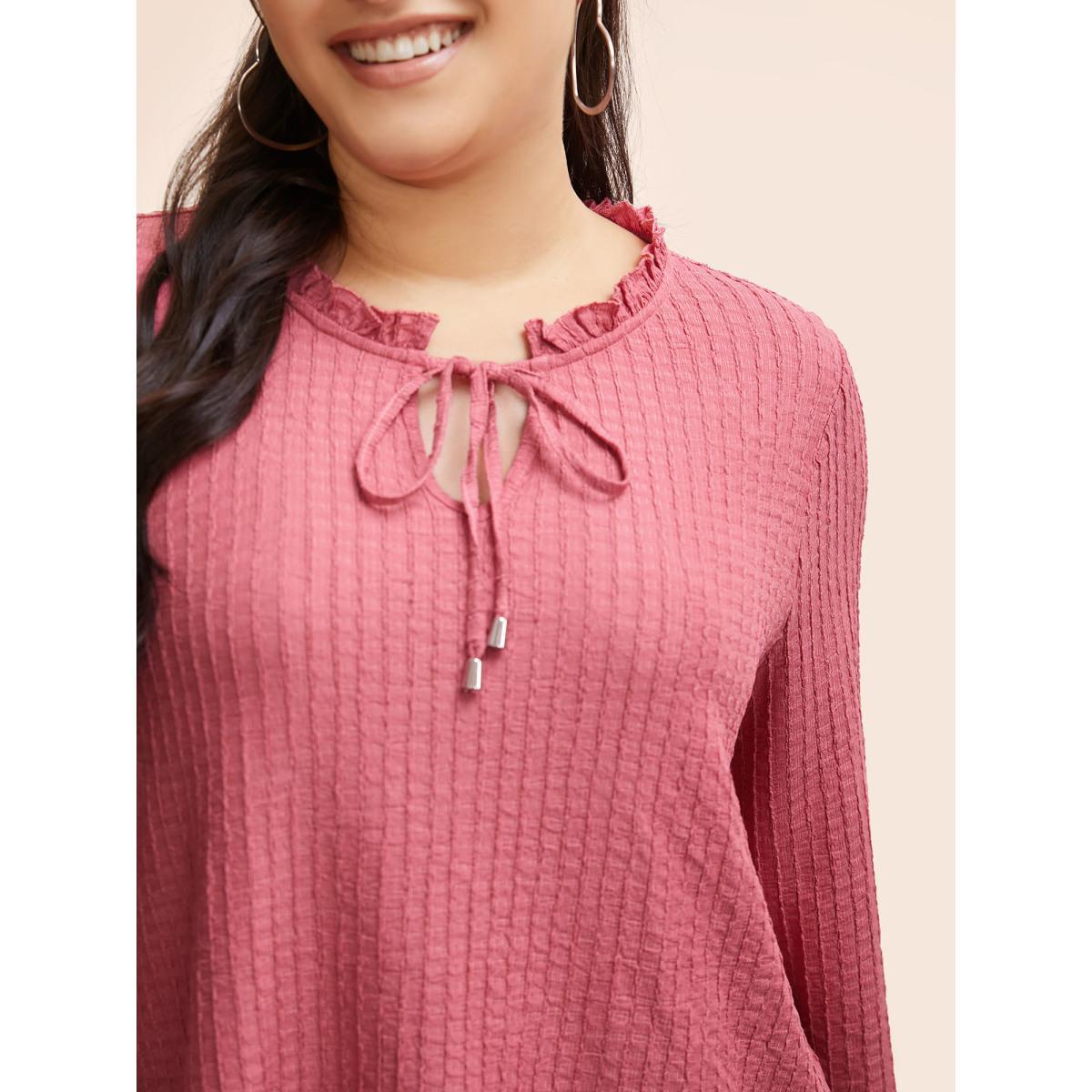 Plus Size Textured Tie Knot Lantern Sleeve T-shirt Beanpastepowder Women Casual Tie knot V-neck Everyday T-shirts BloomChic 10/M Product Image