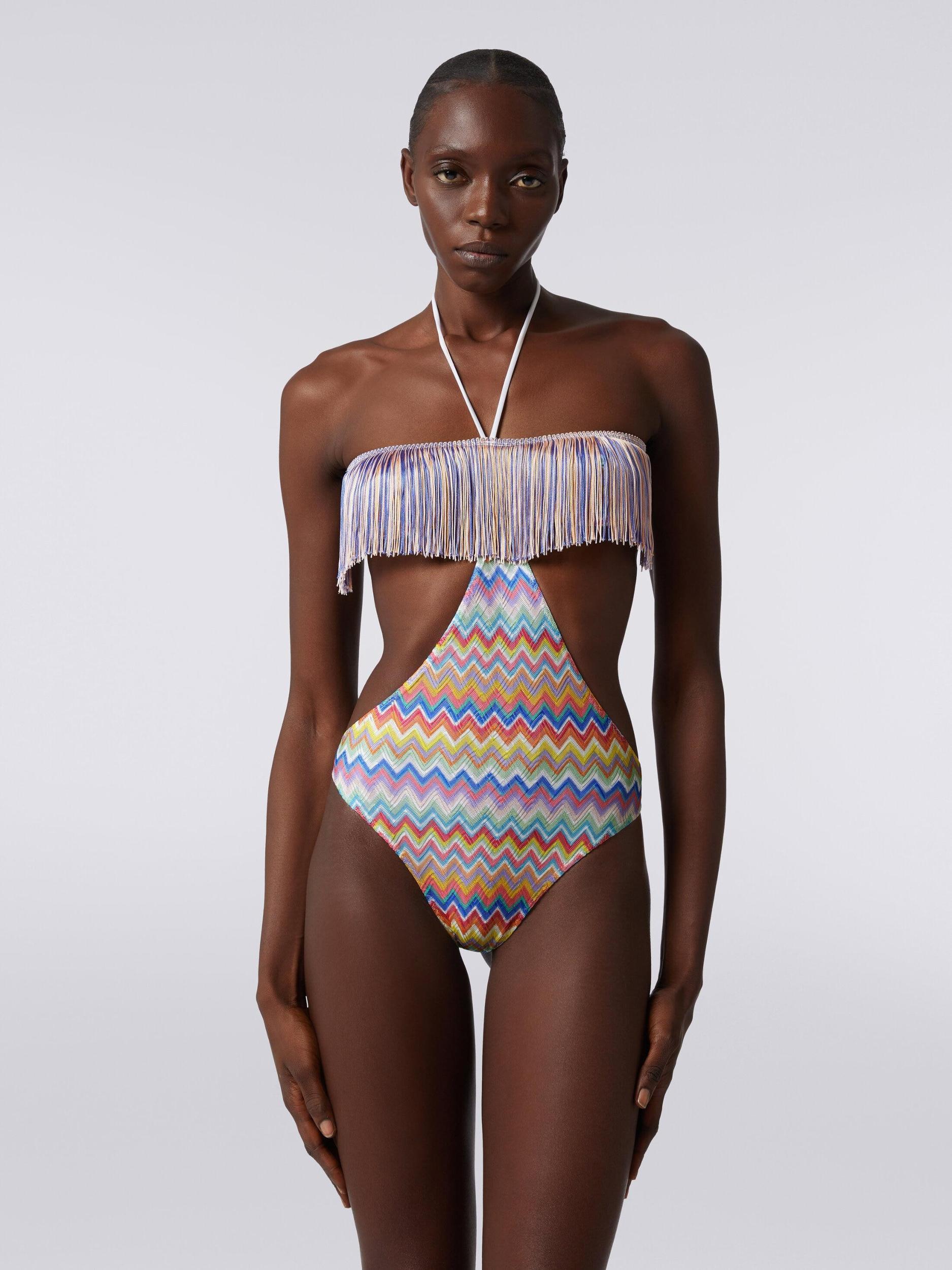 One-piece swimming costume with zigzag print and fringes Product Image