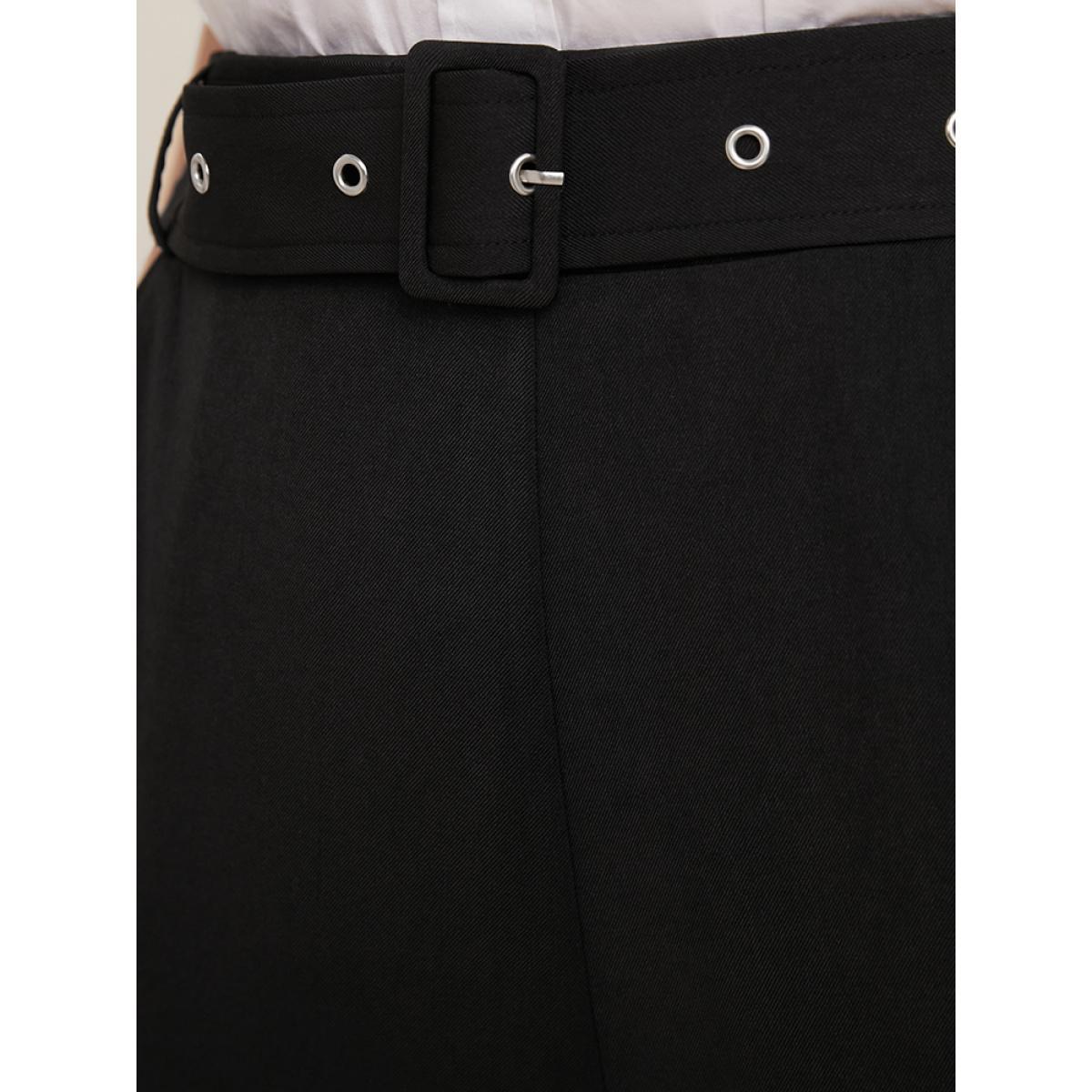 Plus Size Solid Mid Rise Pocket Belted Pants Women Black Office Mid Rise Work Pants BloomChic 22-24/3X Product Image