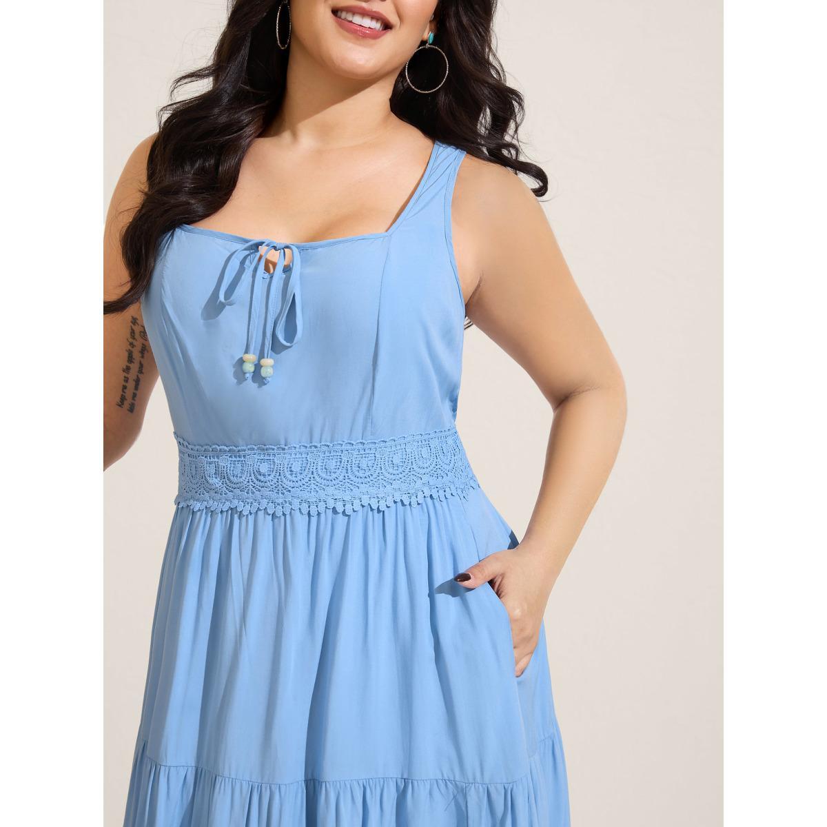 Plus Size Lace Trim Neck Tie Solid Midi Dress LightBlue Women Square Neck Sleeveless Curvy BloomChic 26/4X Product Image